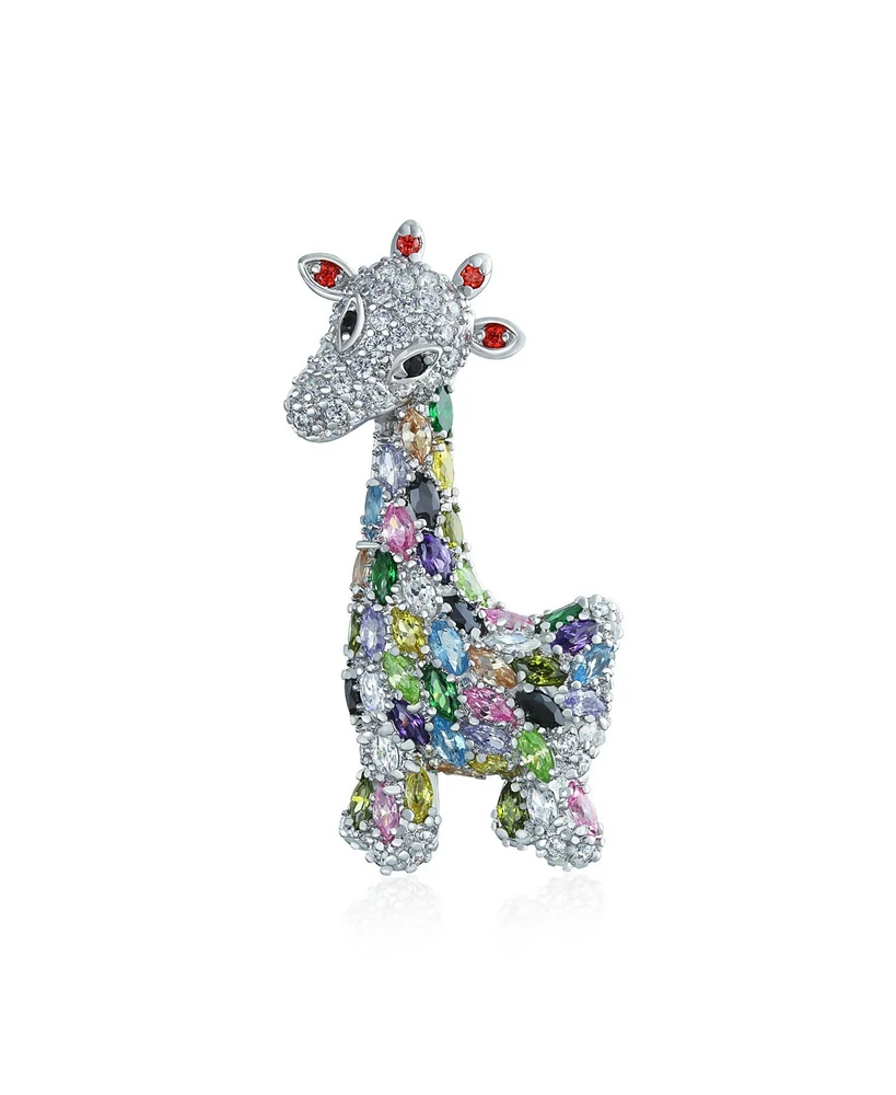 Bling Jewelry Giraffe Zoo Animal Brooch Pin Cz Colorful Pave Cubic Zirconia Silver Tone Rhodium Plated