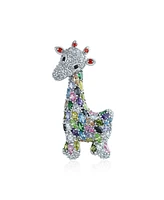 Bling Jewelry Giraffe Zoo Animal Brooch Pin Cz Colorful Pave Cubic Zirconia Silver Tone Rhodium Plated