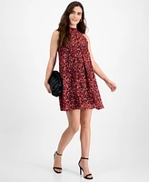 Robbie Bee Petite Heart-Print Mock-Neck Trapeze Dress