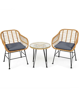 Sugift 3 Pieces Rattan Furniture Set with Cushioned Chair Table-Gray