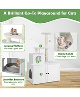 Sugift Cat Tree with Litter Box Enclosure with Cat Condo-White