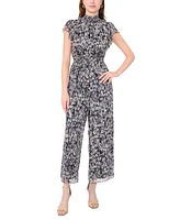 Msk Petite Printed Smocked-Neck Flutter-Sleeve Jumpsuit