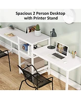 Tribesigns Extra Long Double Computer Desk with Storage Shelves and Printer Shelf, Large Office Desk Study Writing Table for Home Office, White