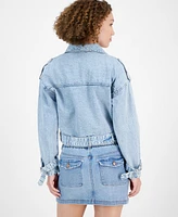 Planet Heart Juniors' Belted Moto Denim Jacket