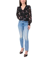 Sam & Jess Petite Floral-Print Smocked Sheer-Sleeve Top