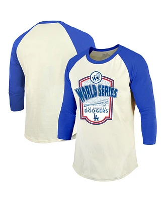 Majestic Men's Cream/Royal Los Angeles Dodgers 2024 World Series Raglan Soft hand 3/4-sleeve T-shirt