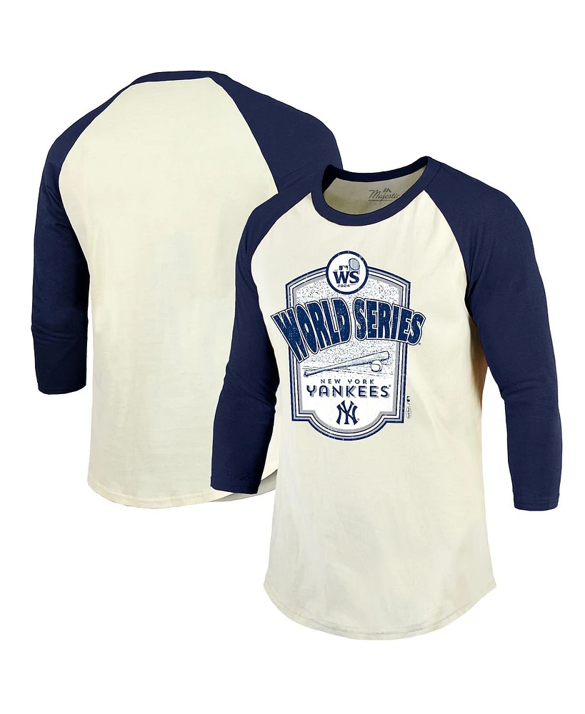 Majestic Men's Cream/Navy New York Yankees 2024 World Series Raglan Softhand 3/4-sleeve T-shirt