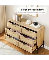 gaomon 6 Drawers Dresser for Bedroom, Natural Rattan Drawer with Spacious Storage, Wood Chest of Drawers with Metal Legs Black