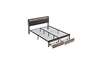 Slickblue Queen Metal Platform Bed Frame with Upholstered Headboard, Usb Ports & Under-Bed Storage Drawers