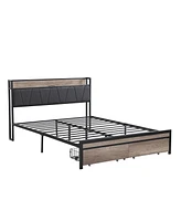 Slickblue Queen Metal Platform Bed Frame with Upholstered Headboard, Usb Ports & Under-Bed Storage Drawers