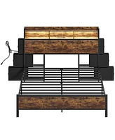 Hausource Queen/Full Size Bed Frame with Storage Headboard & 6 Drawers Platform Bed No Box Spring Needed