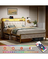 Hausource Queen Size Bed Frame with Storage Headboard & Usb Ports & Outlets No Box Spring Needed