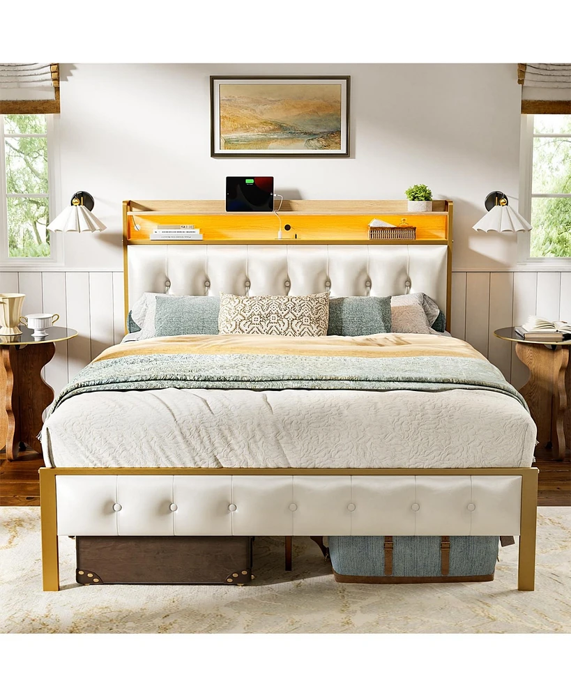 Hausource Full Size Bed Frame with Storage Headboard & Usb Ports & Outlets No Box Spring Needed