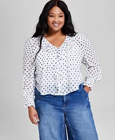 And Now This Plus Dot-Print Ruffled-Front Woven Pintuck Top, Exclusively at Macy's