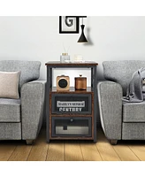 Gymax 2PCS Side End Table Nightstands w/ 2 Open shelves & 2 Flip Drawers Rustic Brown