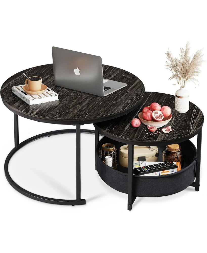 Wlive Coffee Table Set of 2, 32in Round Nesting Table for Living Room,Small Circle Table with Storage for Small Space,Metal Frame and Fabric Basket