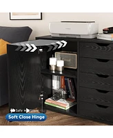 Devaise 5-Drawer Wood Dresser Chest with Door, Mobile Storage Cabinet, Printer Stand for Home Office, Black