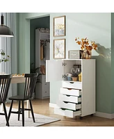 Devaise 5-Drawer Wood Dresser with Top Cabinet Storage, Mobile Chest of Drawers, Wide Storage Space for Home Office