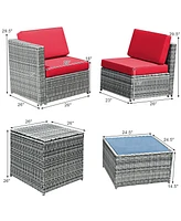 Sugift 8 Piece Wicker Sofa Rattan Dinning Set Patio Furniture with Storage Table-Red