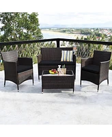 Sugift 4 Pieces Rattan Sofa Set with Glass Table and Comfortable Wicker for Outdoor Patio-Black
