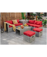 Sugift 8 Pieces Patio Rattan Furniture Set with Storage Waterproof Cover and Cushion-Red
