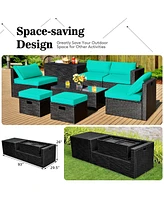 Sugift 8 Pieces Patio Rattan Storage Table Furniture Set-Turquoise