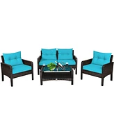 Sugift 4 Pieces Outdoor Rattan Wicker Loveseat Furniture Set with Cushions-Turquoise