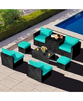 Sugift 8 Pieces Patio Rattan Storage Table Furniture Set-Turquoise