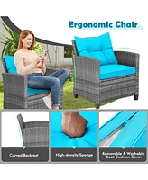 Sugift 3 Pieces Outdoor Wicker Conversation Set with Tempered Glass Tabletop-Turquoise