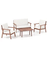 Sugift 4 Piece Outdoor Acacia Wood Conversation Set with Soft Seat and Back Cushions-White