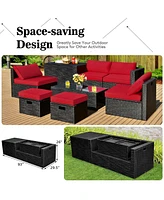 Sugift 8 Pieces Patio Rattan Storage Table Furniture Set-Red
