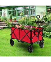 Sugift Outdoor Folding Wagon Cart with Adjustable Handle and Universal Wheels-Red