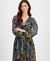 T Tahari Women's Printed Long-Sleeve Fit & Flare Dress