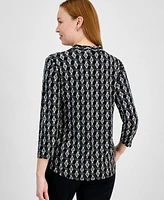 Jm Collection Petite Geo-Print Ity V-Neck 3/4-Sleeve Top, Exclusively at Macy's