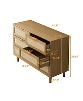 gaomon 6 Drawer Dresser With Natural Rattan Drawers, Tall Rattan Cabinet With Solid Wood Legs, Mid