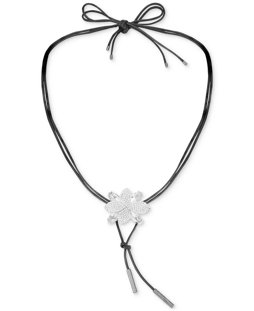 Guess Silver-Tone Pave & Marquise Stone Flower 40" Wrapped Leather Cord Choker Necklace