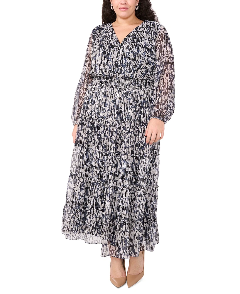 Msk Plus Printed Smocked-Waist Balloon-Sleeve Maxi Dress