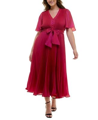 Taylor Plus Pleated Tie-Belt Flutter-Sleeve Maxi Dress