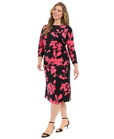 London Times Plus Printed Side-Ruched Midi Dress