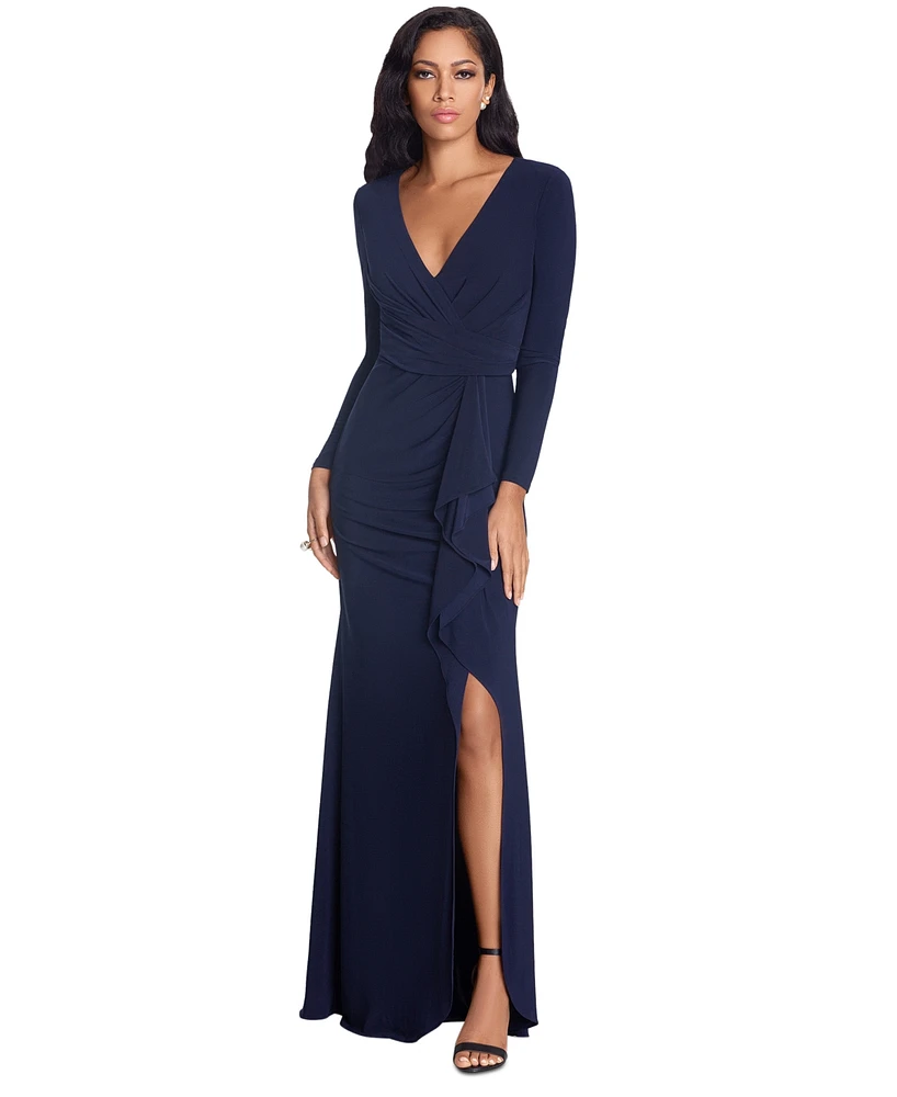 Betsy & Adam Women's Long-Sleeve Cascading-Ruffle Gown