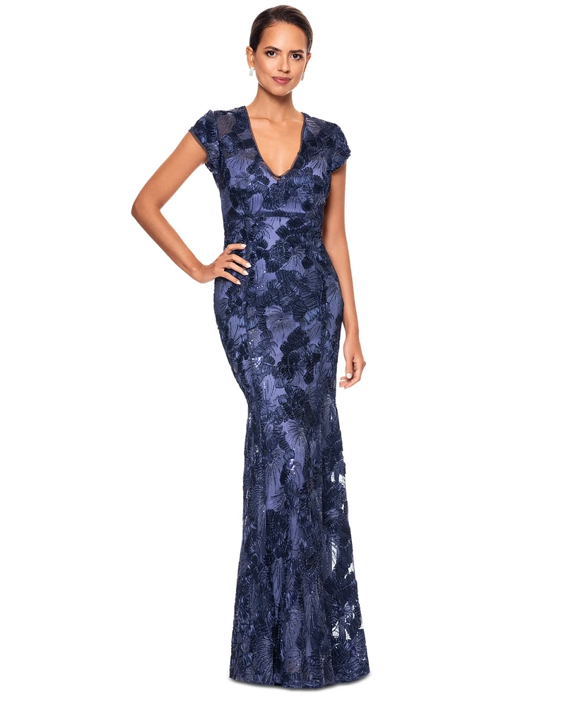 Betsy & Adam Women's Sequin Soutache V-Neck Mermaid Gown