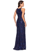 Betsy & Adam Women's Sequin Floral Halterneck Gown