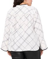 Vince Camuto Plus Windowpane-Print Bell-Sleeve Top