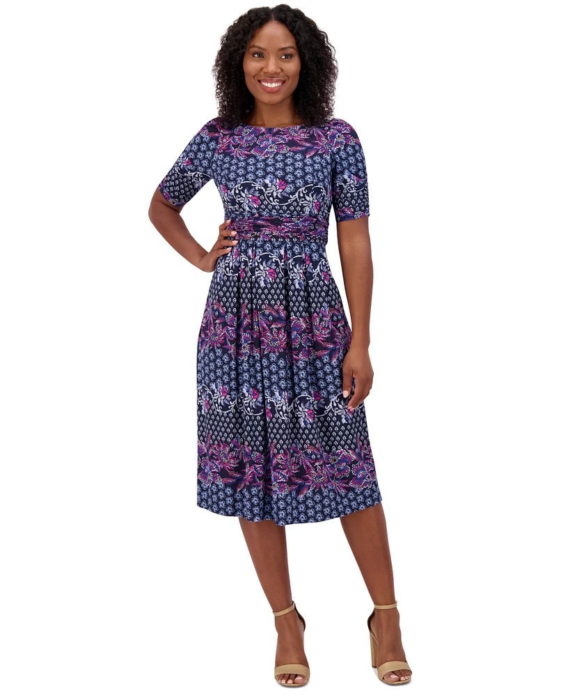 Jessica Howard Plus Elbow-Sleeve Gathered-Waist Dress