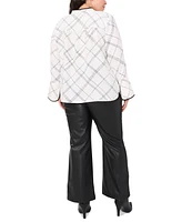 Vince Camuto Plus Windowpane-Print Bell-Sleeve Top