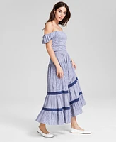 And Now This Women's Striped Pull-On Crochet-Lace Cotton Maxi Skirt, Created for Macy's