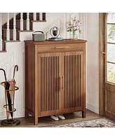 Tribesigns Shoe Cabinet, 5-Tier Storage Cabinet with Louvered Doors and Drawer, Freestanding Wooden Rack Organizer Adjustable Shelves f
