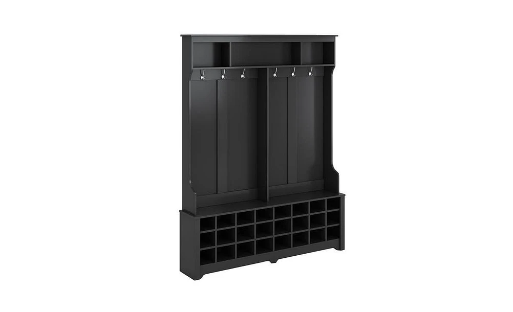 60" Wide Modern Hallway Coat Rack with Bench – Metal Hooks, Ample Storage, and 24 Shoe Cubbies, Black