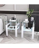 Slickblue Set of 2 Modern Square Tempered Glass Coffee Tables – Transparent and White End Tables for Living Room