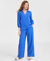 Jm Collection Womens Cotton Embellished Top Wide Leg Gauze Pants Exclusively At Macys